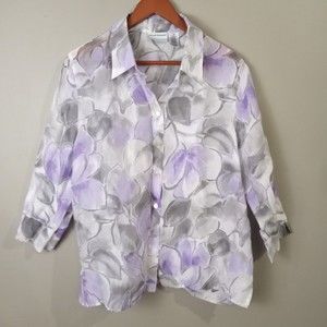 Alfred Dunner Womens 18 Petite Sheer Purple Silver Floral Button Up Top